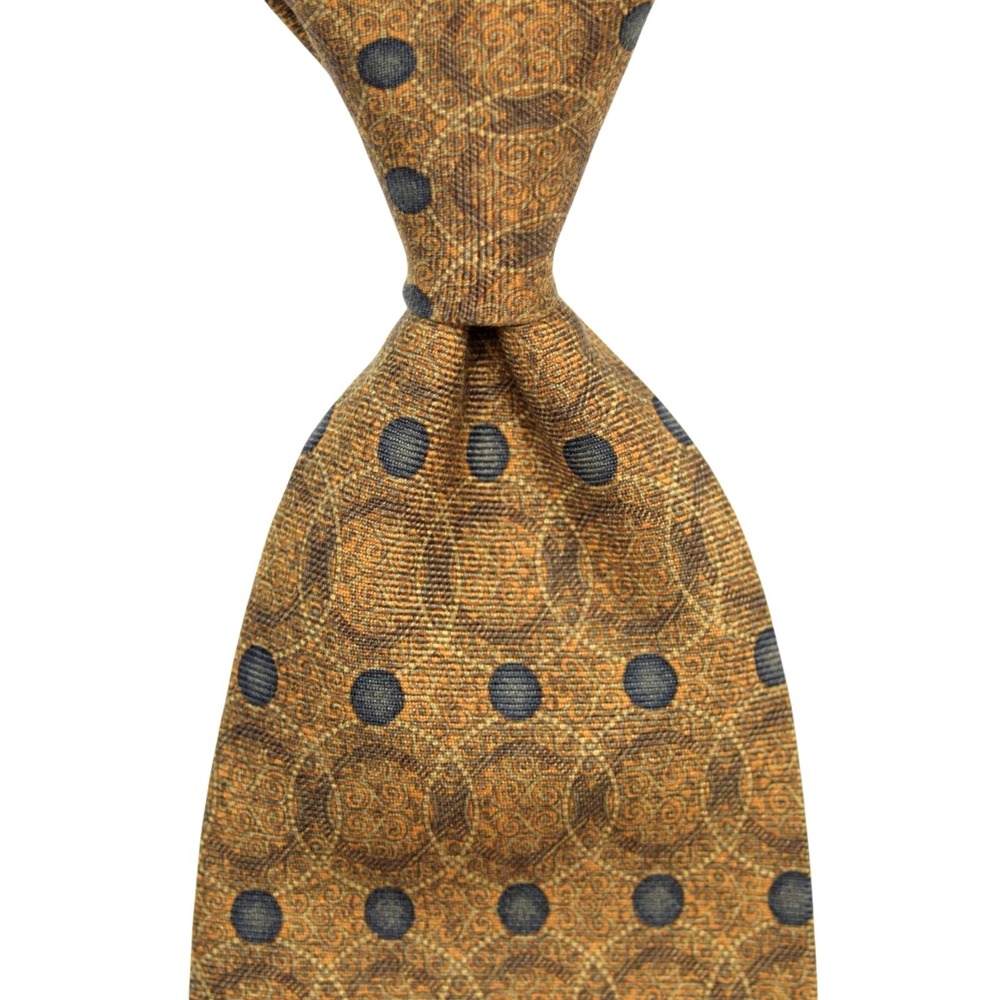 XMI Mens OS Gold Silk Wool Blend Necktie Vintage Polka Dot Geometric Italy Made - Picture 3 of 9